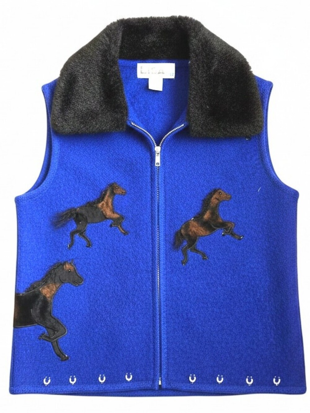 Vintage Lisa International 100% Boiled Wool Horse Vest Faux Fur Collar M
